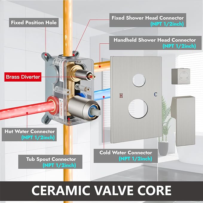 Midanya Shower System with Tub Spout,Bathtub Shower Faucet Set with Square Rainfall Head and Handheld Sprayer Wall Mount Tub Faucet Set with Valve and Trim Kit,8 Inch Brushed Nickel