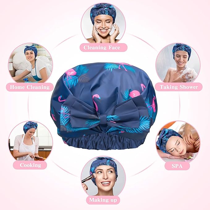 2 PCS Waterproof Shower Caps, Oversized Adjustable Hair Cap with Bow Knot for Women, Reusable Double Layer Waterproof Bathing Cap for Shower, Spa, Makeup, Design for All Hair Lengths/Style
