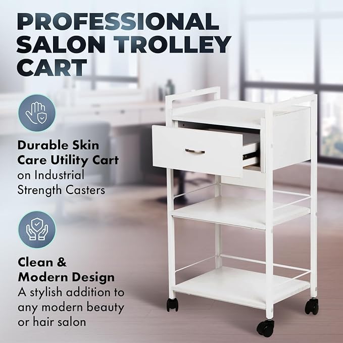 Buy-Rite Jenny Trolley Cart - 3-Tier Rolling Utility Cart for Spas, Estheticians & Salons, White Wood Organizer with Drawer, Open Shelves, Post Holes & Smooth Casters - Model TS-4205