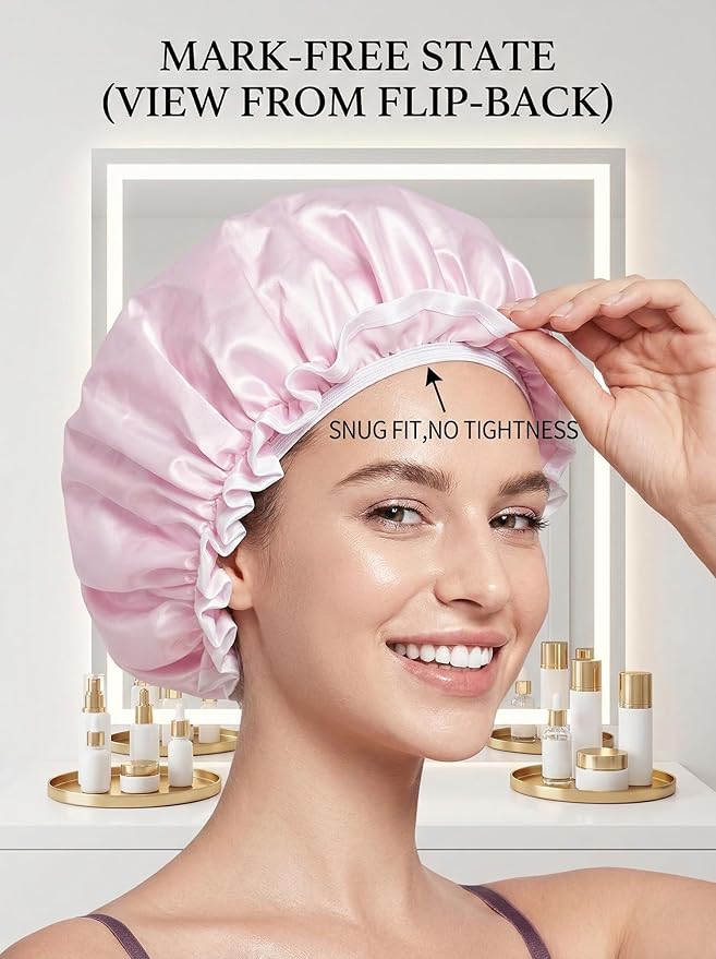 Aquior Shower Cap for Women, Waterproof Reusable Hair Cap with Soft Elastic, Large Size for Long Hair, Cute Pink Bath Cap for Shower, Skincare, Cooking, Spa and Travel Use