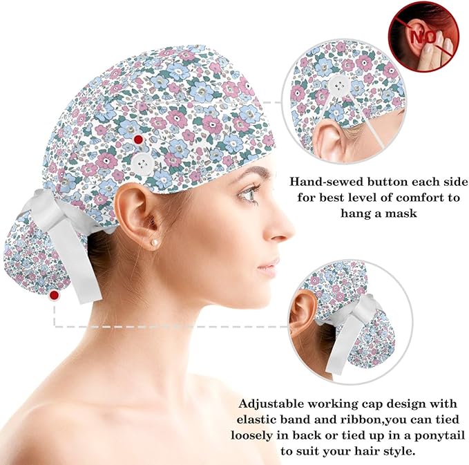 Scrub Caps Women Nursing Hats Floral Flowers with Buttons Ponytail Working Adjustable Pouch Tie Back