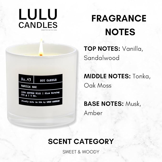 Lulu Candles | Vanilla Oak | Luxury Scented Soy Jar Candle | Hand Poured in The USA | Highly Scented & Long Lasting- 9 Oz.