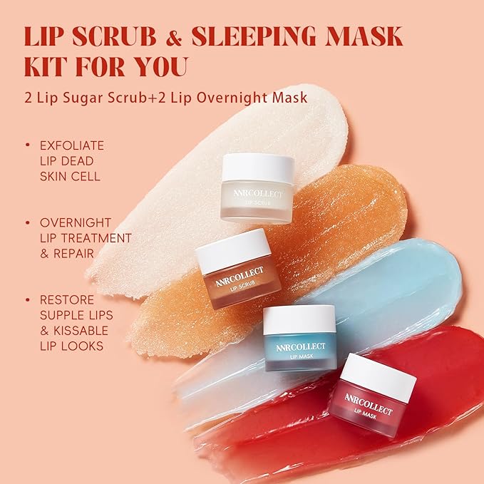 ANRCOLLECT Lip Scrub and Lip Mask Set- Lip Treatment Care Kit with 2 Lip Exfoliator Scrub & 2 Lip Butter Mask, Intense Hydration Set for Dry Chapped Cracked Lips (4 Pack), Valentines Day Gifts
