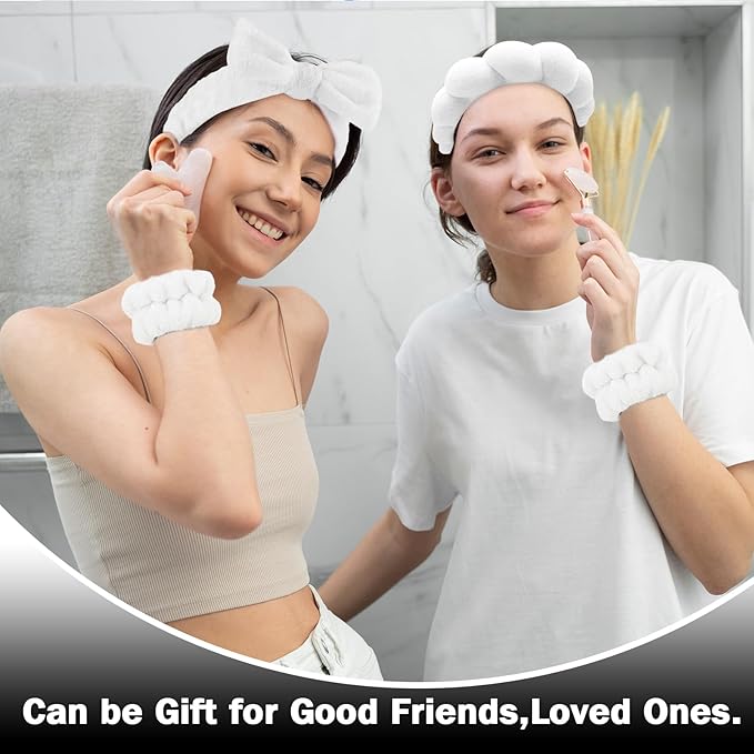Zkptops 6Pcs Spa Headband for Washing Face Wristbands Set Women Bubble Makeup Sponge Terry Cloth Padded Puffy Skincare Headband Bow Tie Hairband Cute Non Slip Thick Hair Accessory Gifts (White)
