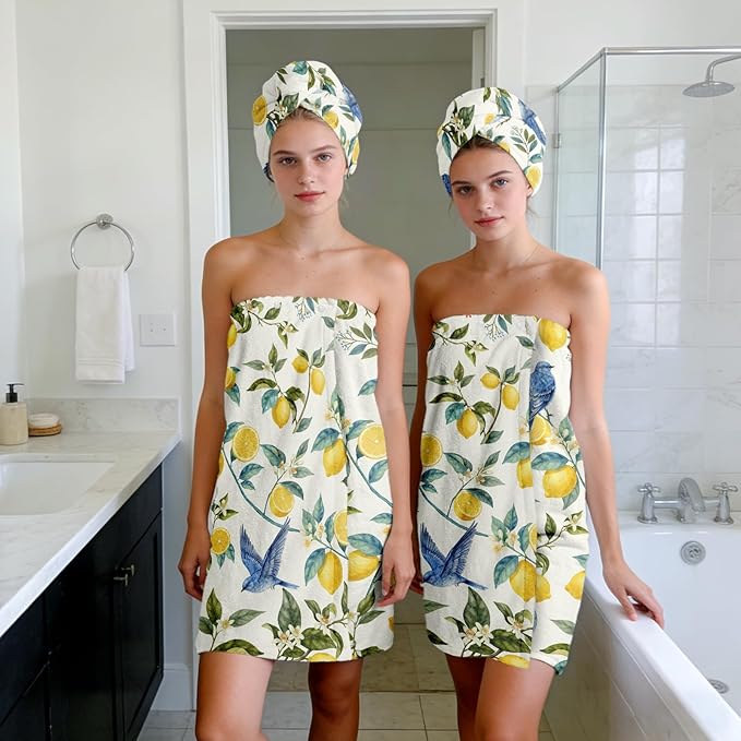 Absorbent Bath Towel Wrap Set for Women, Hummingbird Lemon Print Towel Wrap After Shower, Microfiber Shower Robe Body Towel Wraps for Women, Quick Dry Hair Towels Wraps for Spa Hotel Beach Girl