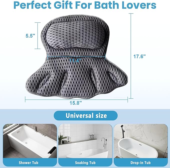 Luxury Bath Pillow for Tub - 4D Air Mesh Head/Neck/Back Support with 6 Non-Slip Suction Cups (Gray)