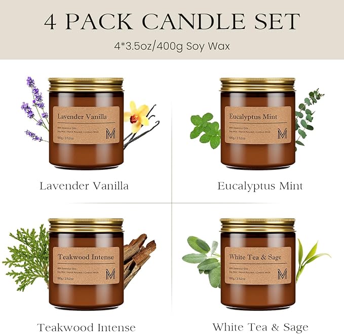 M&SENSE 4 Pack Candle Gift Set, Scented Candle Sets for Men and Women, Soy Wax Candles Home Scented, Long Lasting Amber Jar Candles for Mother's Day, Christmas, Holiday