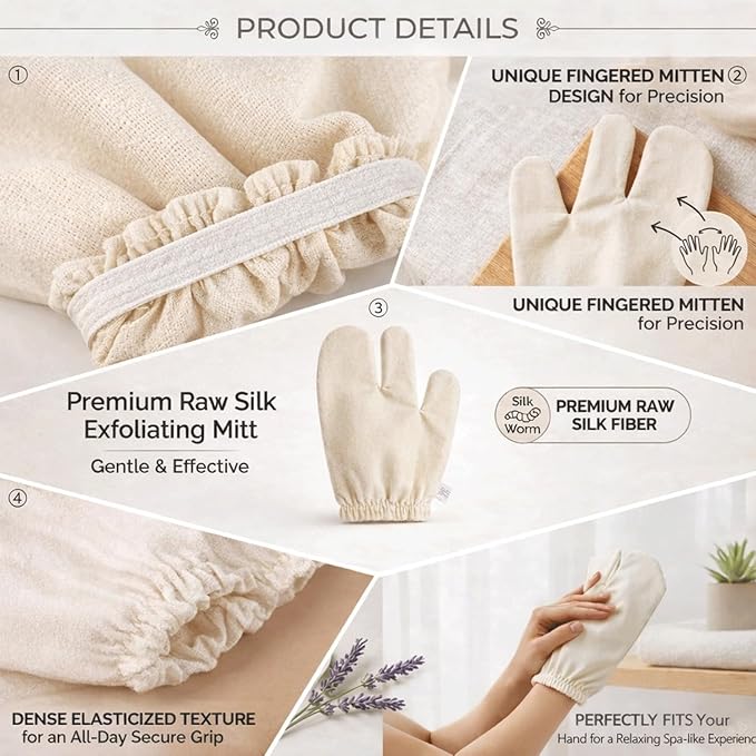 Garshana Gloves Raw Silk Gloves for Dry Brushing, Raw Silk Massage Gloves Exfoliating Body Scrub Mitt for Pre Shower Spa Massage, Ayurvedic Inspired Skin Brushing Massage,2PCS