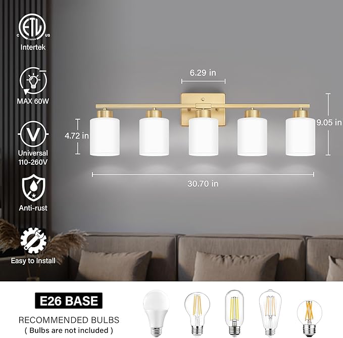 FonmYim Gold Bathroom Light Fixtures, 5-Light Modern Vanity Light Over Mirror, Wall Sconces with Milky White Frosted Glass Shades, E26 Socket (Bulbs Not Included)