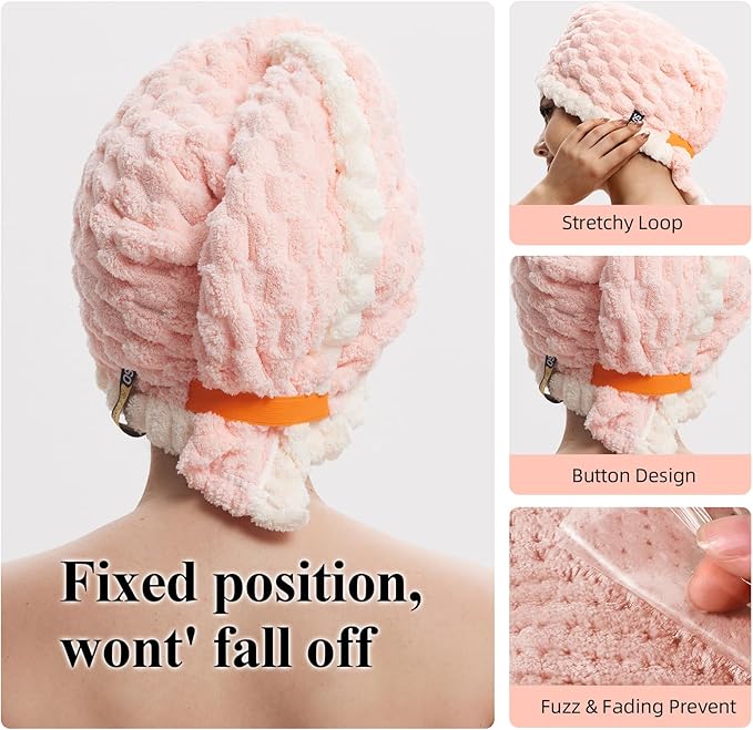 Hair Drying Towels, 19.7x31.5 inch Hair Towels with Elastic Strap, Extra Large Hair Towel Wrap for Women, Super Soft Hair Drying Towels for Long, Thick, Curly Hair, Anti-Frizz Turbans, PINK Color.