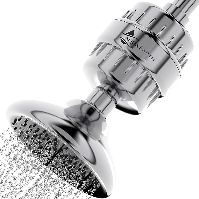 Shower Head Filter For Hard Water Gold 20 Stages to Remove Chlorine Fluoride Water Softener Coconut Shell Activated Carbon Reduces Dry Itchy Skin Heavy Metals Other Sediments Vitamin C Aqua Earth