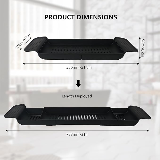 Bath Tub Tray - Stretchable, Strong Load-Bearing, Plastic, Anti-Slip Design - Ultimate Bathtub Caddy Tray(Black)