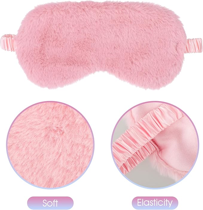 2 Pcs Plush Eye Mask Soft Sleeping Blindfold Eye Cover Comfortable Furry Faux Fur Sleeping Mask Satin Nap Night Eyeshade Cover for Women Men Gift (Pink)