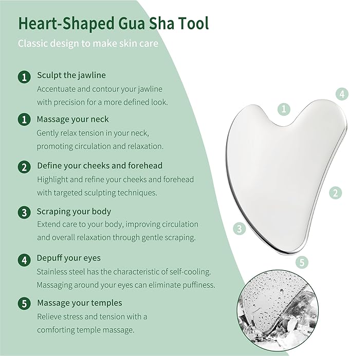 LeMeeOly 2Pcs Gua Sha Facial Tools Stainless Steel, Detailer GuaSha Set for Face Neck, Natural Skin Care Metal Gua Sha Lymphatic Drainage Face Massage Tool, Gift for Women
