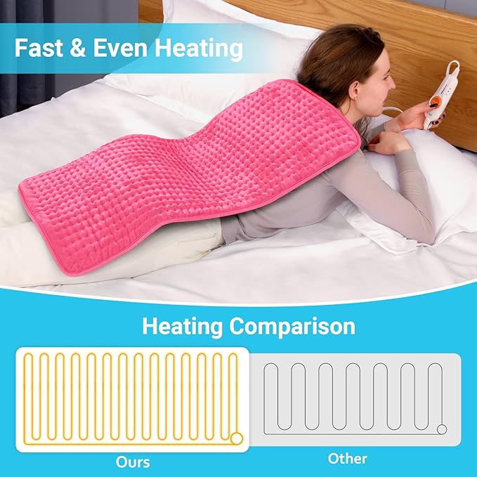 Boileau Electric Heating Pad for Back Pain and Period Cramps Relief, 17"x33" Extra Large XXXL, 3 Heating Levels Heat Pad with 2-Hour Auto Shut Off, Gifts for Women and Mom, Pink