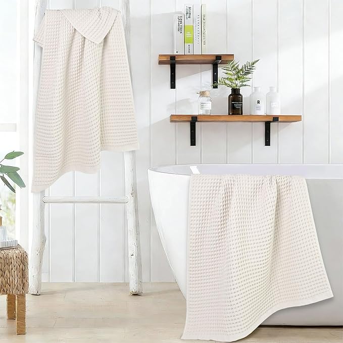 Jacquotha Waffle Bath Towels Set of 2 (Mist White) – Cotton, Quick Dry, Low Lint, 31” x 62” Large Towels for Bathroom Shower Spa Pool