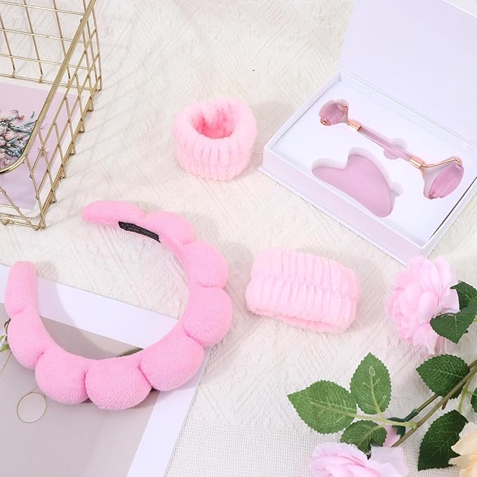 Chanaco Spa Headband and Wristbands for Women Skincare Headband for Washing Face Gua Sha & Jade Roller Facial Tools Pink Makeup Fash Wash Hairband Teen Girl Gifts Trendy Stuff