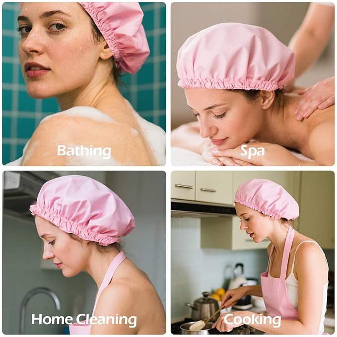 Shower Cap for Women Reusable Waterproof, Large Bath Cap with Elastic Band, Hair Caps for Long Hair and Braids, Pink