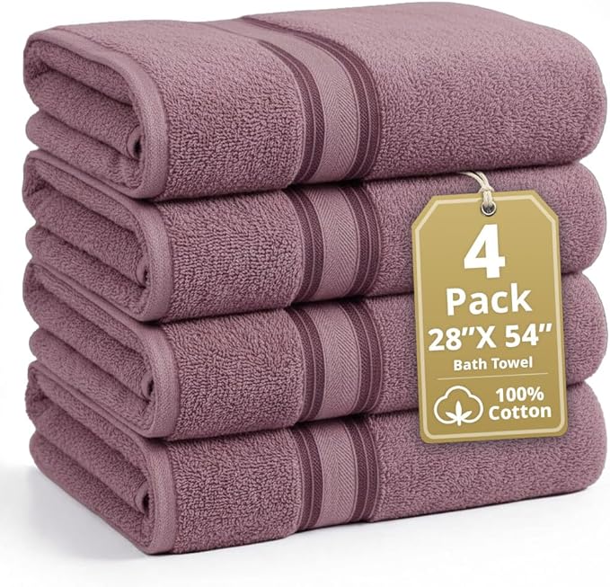 LANE LINEN 100% Cotton Large Bath Towels Set of 4 (28"x54") - Zero Twist, Mercerized Cotton Bathroom Towel 4 Pack - Quick Dry, Soft & Absorbent Large Towels Set - Oeko Tex Certified - Wishful Mauve
