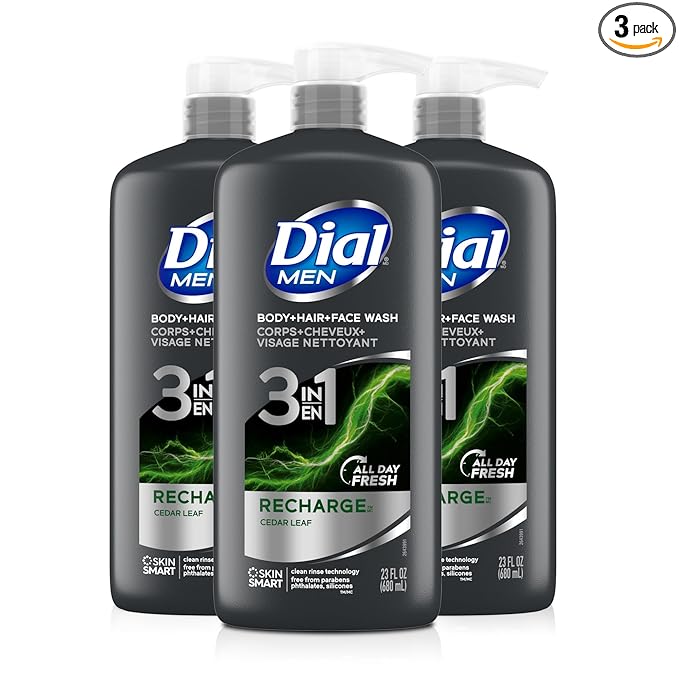 Dial Men 3in1 Body, Hair and Face Wash, Recharge, 69 fl oz (3-23 fl oz Bottles)
