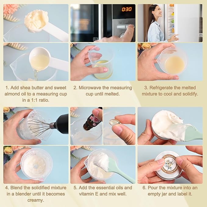 Jcoos DIY Hand Cream Making Kit, Handcream For Very Dry Hands, hand lotion with Shea Butter, Almond Oil, Jars, Essential Oils Natural Whipped Shea Butter Body Butter Making Kit Gifts for Women