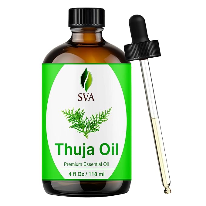 SVA Thuja Essential Oil – 4 Fl Oz – 100% Natural Thuja Oil - for Diffuser, Hair Care, Face, Skin Care, Aromatherapy, Scalp and Body Massage, Soap and Candle Making – with Dropper