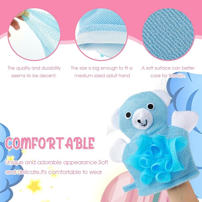Cute Bath Gloves Loofah - 2 PCS Kids Animal Bath Gloves Body Scrubber, Double-Side Exfoliating Shower Sponges, Washcloths Mitts for Gentle Soft and Easy to Lather (Bear Frog)