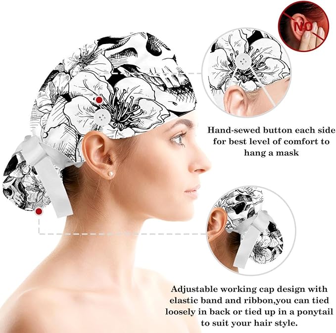 Ethnic Aztec Pattern Adjustable Scrub Cap Hat with Button, Working Hat Sweatband with Bow Hair Scrunchy for Woman
