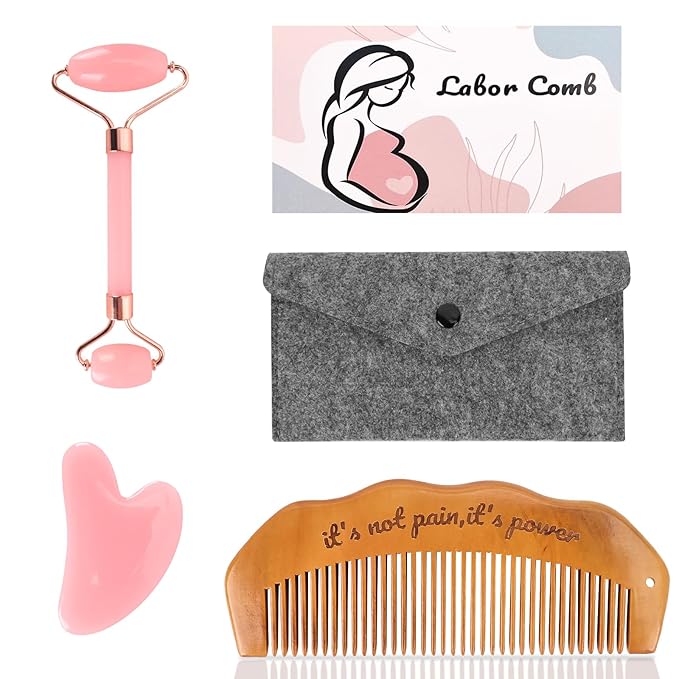 Birthing Comb for Labor Pain and Gua Sha Facial Tools, Post Partum/Home Delivery Essentials, Pregnancy/Birth/Hospital Bag Must Haves, Jade Roller Stone Massager,Gifts for Expecting Mom Women (Pink)