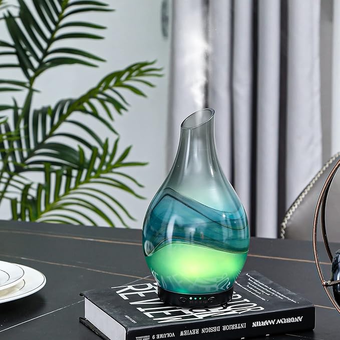 MAXWINER Essential Oil Diffusers Handmade Art Glass Ultrasonic Aromatherapy Diffusers with 7 Colors Lights Changing, Waterless Auto Shut-Off, Time Setting for Home, Office, Room 120ml
