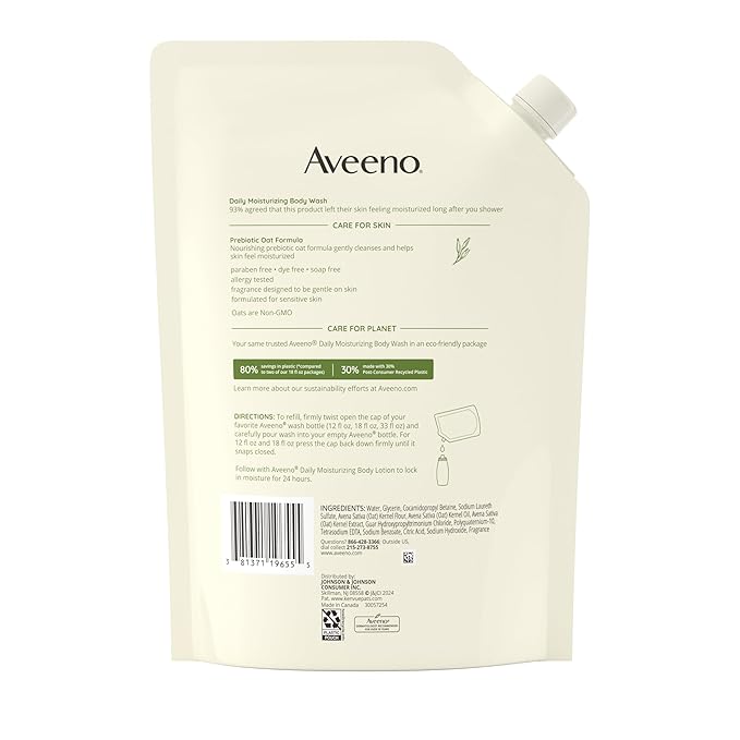 Aveeno Daily Moisturizing Body Wash for Sensitive Skin + Prebiotic Oat, Gently Cleanses, Nourishes & Feels Moisturizing Dry Skin, Light Fragrance, Refill Pouch, 36 fl. oz (Pack of 3)