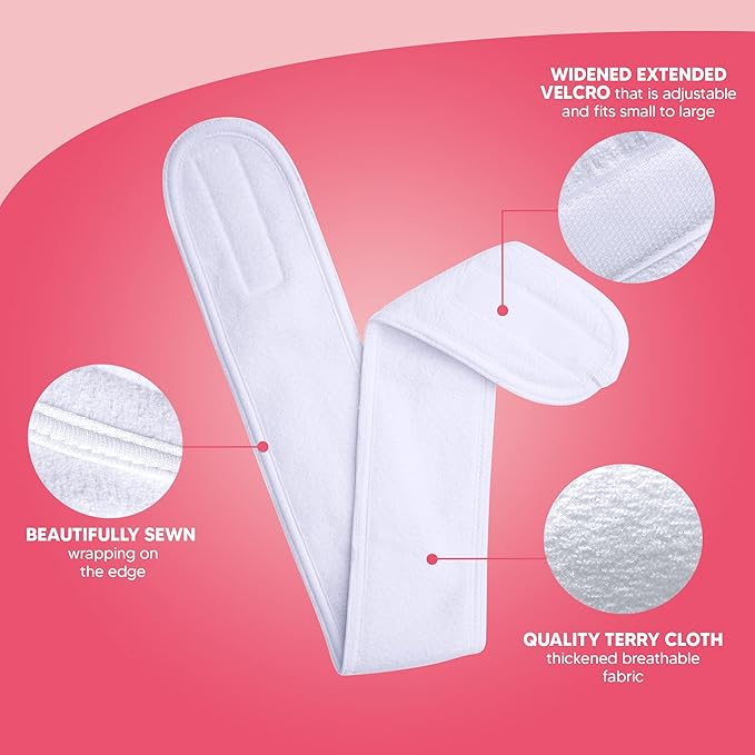 Spa Headband Head Wrap - Extra Long For Easy Fit - Terry Cloth Facial Makeup Sports Towel with Long Hook and Loop Tape from Small to Large Head (All White) (3-Pack)