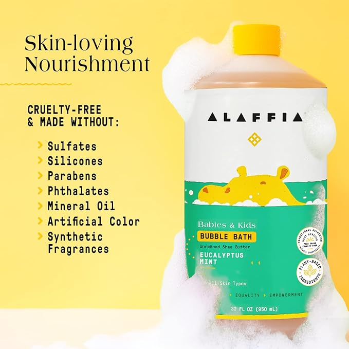 Alaffia Bubble Bath for Babies & Kids, Eucalyptus Mint 2-Pack – Long-Lasting, Moisture-Rich Bubbles with Shea Butter, 32 Fl Oz Ea