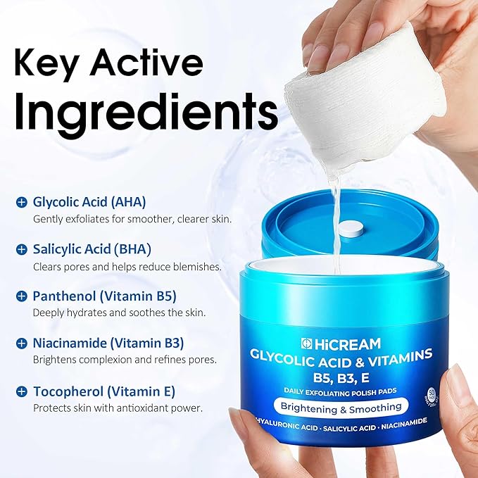 Hicream Glycolic Acid Pads, Dual-Textured Facial Exfoliating Toner for Pore Care & Skin Radiance, Deep Cleansing Peel with Niacinamide, Salicylic Acid & Vitamins E, B3, B5 (50 Pads)