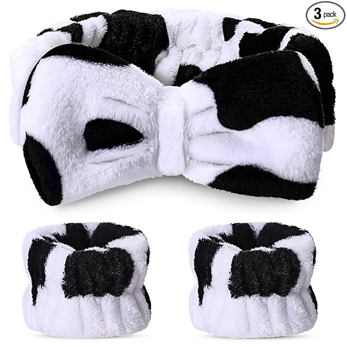 Hanaive 3 Pcs Spa Headband and Wristbands Set for Washing Face Makeup Skincare Hair Band Skin Care Accessories Tools for Women Gifts(Cow)