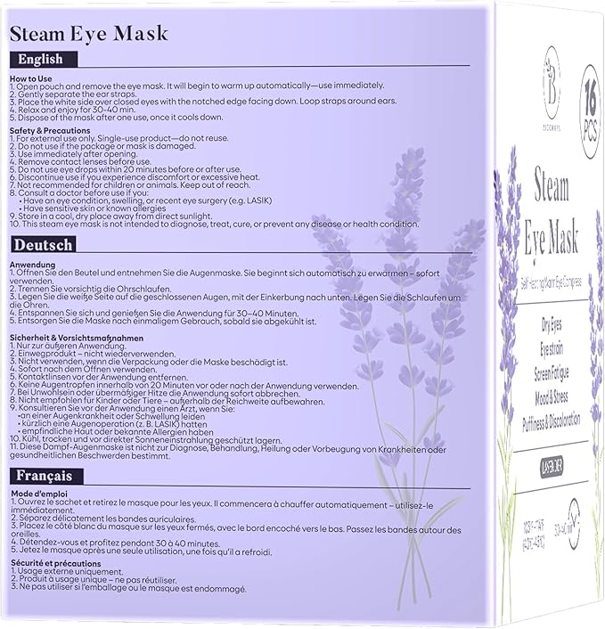 16 Pack Lavender Steam Eye Mask for Dryness, Puffiness, Relaxation, Heated Eye Mask for Sleep & Travel, Self-Heating & Disposable Warm Compress, Travel Essentials, Relaxation Gifts for Women - PAC2