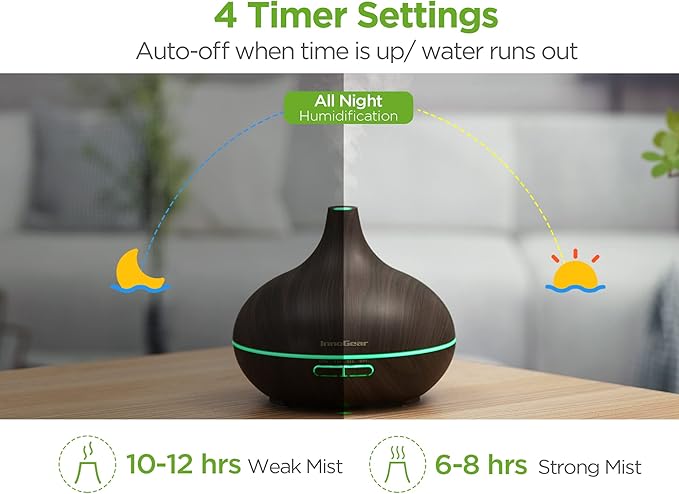 InnoGear Aromatherapy Diffuser & 10 Essential Oils Set, 400ml Diffuser Ultrasonic Diffuser Cool Mist Humidifier with 4 Timers 7 Colors Light Waterless Auto Off for Mother's Gift, Dark Wood Grain