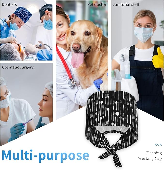 Scrub Cap for Women and Men Boho Black Leaf Pattern Adjustable Breathable Sweatband Hat for Work Kitchen Spa Shower Daily Use