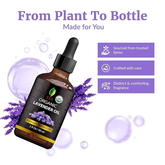 SVA Lavender Essential Oil Organic – 2 Fl Oz – 100% Natural Organic Lavender Oil - for Diffuser, Hair, Face, Skin Care, Aromatherapy, Scalp and Body Massage, Soap and Candle Making - with Dropper