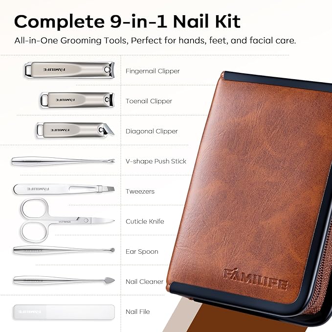FAMILIFE Nail Care Kit 9-in-1 Professional - Carbon Steel Cuticle Scissors, Fingernail & Toenail Clippers for Nails, Manicure Set Travel Grooming Kit with Case (Brown)