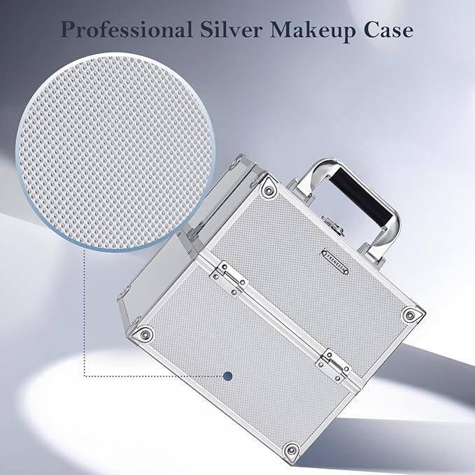 FRENESSA Makeup Train Case Makeup Organizer Box Portable Cosmetic Travel Case with Lock 4 Trays Aluminum Hard Vanity Box Make Up Artist Nail Beauty Storage Organizer Cosmetic Suitcase Bright Silver