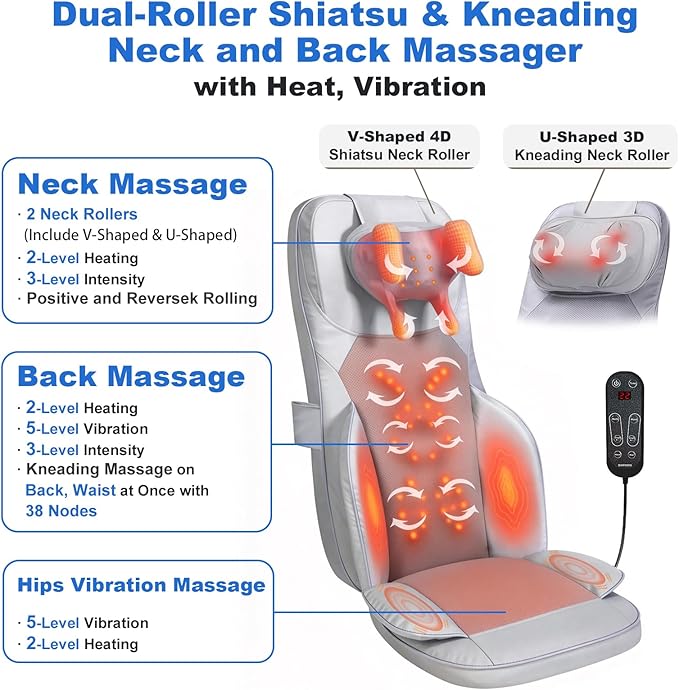 Shiatsu Neck and Back Massage Cushion with Heat - 4D Kneading and Vibration for Muscle Relief, Dual-Neck Design, Adjustable Intensity and Height for Office Chair and Home Use, Grey