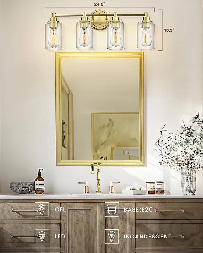 FEMILA Vanity Lights for Bathroom, Modern 4-Light Gold Bathroom Light Fixture, Wall Vanity Lamp with Champagne Gold Finish, 4FYC56B-4W BG