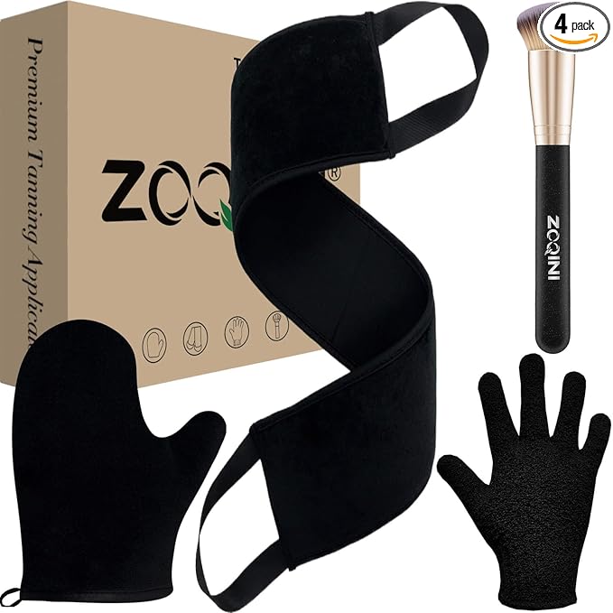 Self Tanning Mitt Kit, Velvety Soft Tanner Mitt, Back Tanning Applicator, Exfoliating Glove, Angled Face Tanner Brush for Sunless Tanning Oil Lotion Mousse Gel (Black 4 Pack, Boxed)
