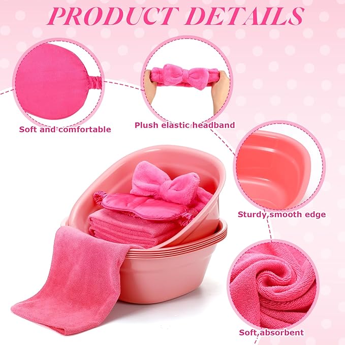 Thiccywoov 54Pcs Kids Foot Spa Party Supplies for Girl Spa Party Favors 6 Washbasin 6 Tote Bags 6 Hand Towels 6 Toe Separators 6 Hair Scrunchies 6 Hairband 6 Slipper 6 Eye Mask 6 Nail File(Rose Red)