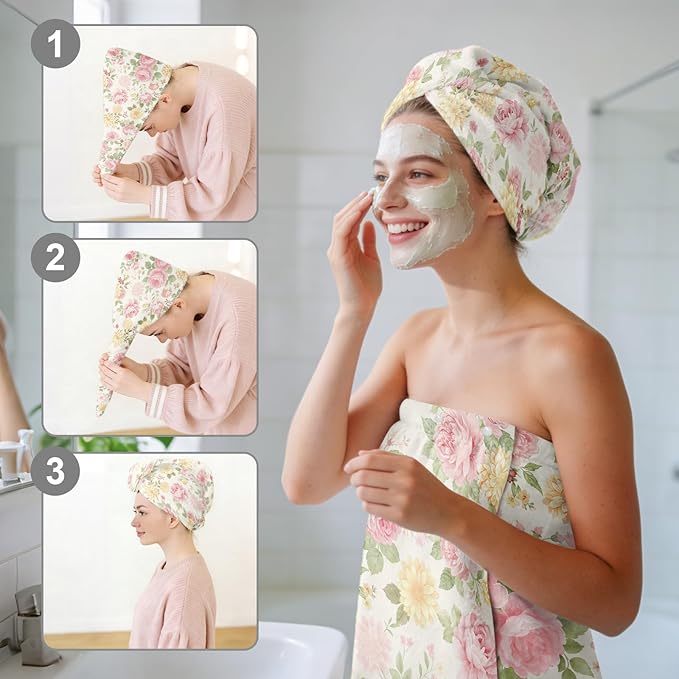 Absorbent Bath Towel Wrap Set for Women, Vintage Flower Print Towel Wrap After Shower, Microfiber Shower Robe Body Towel Wraps for Women, Quick Dry Hair Towels Wraps for Spa Hotel Beach Girl