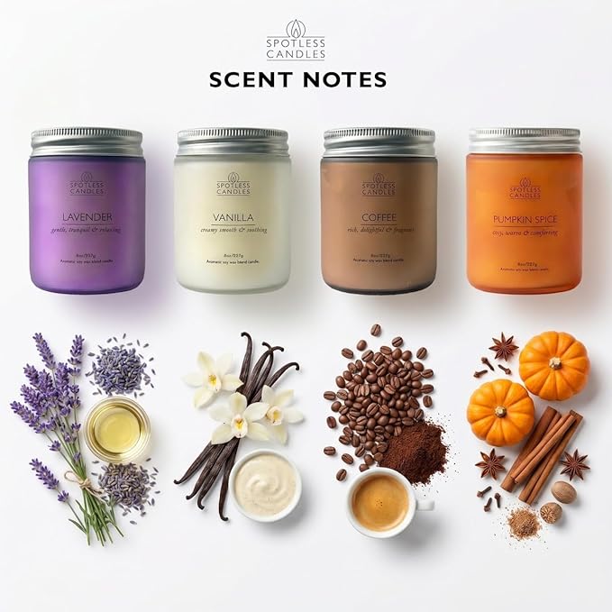 Candles for Women - 4 x 8oz Colored Glass Jars (3.7" H x 2.87" Dia) Mixed Set of Classic Scents Pumpkin Spice, Coffee, Vanilla, Lavender, 200 Hours Burn Time, Classic Candle Set by Spotless Leopard