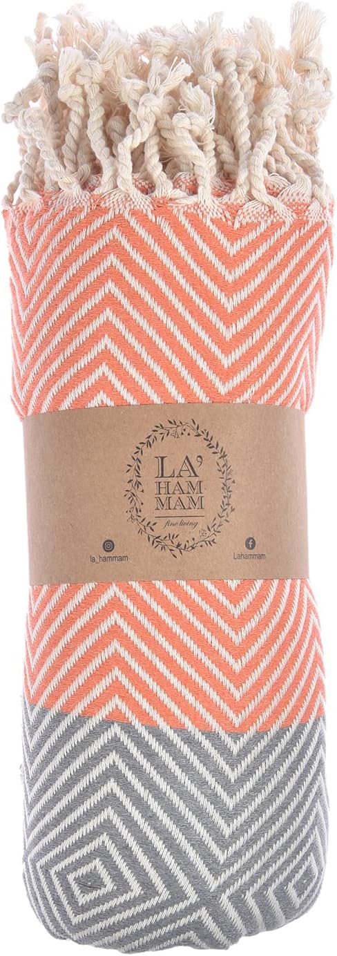 Beach Towel | Cotton Beach Towels, Easy to Carry, Sand Free, Highly Absorbent, Quick Dry, Turkish Towels for Travel Camping Bath Sauna Beach Gym Pool Yoga SPA by Lahammam, Design, Orange