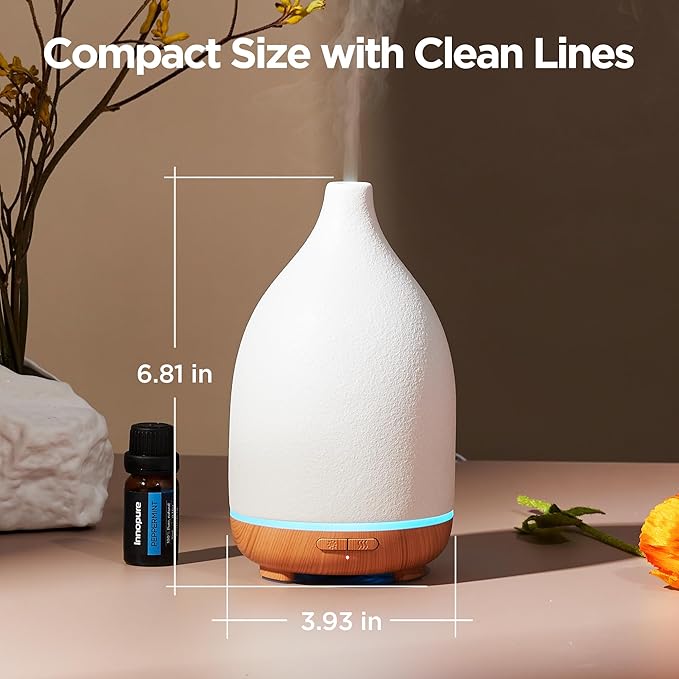 InnoGear Oil Diffuser, 150ML Ceramic Diffuser for Essential Oils Handcrafted Aromatherapy Diffuser Mother's Gift Ultrasonic Cool Mist Humidifier with 2 Mist Modes Waterless Auto Off for Home, White