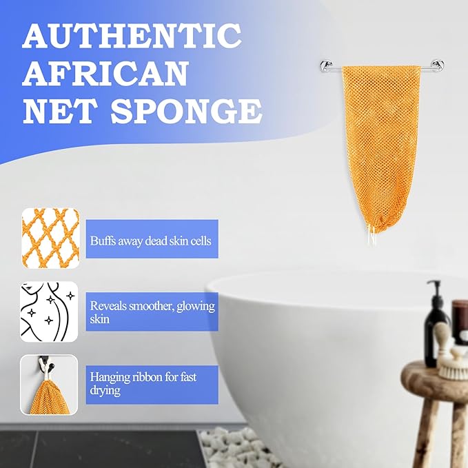 African Net Sponge - Deep Exfoliating Body Scrubber - Ultra Long African Net Sponge Reaches All Back Areas, Gently Buffs Away Dry Flaky Skin for a Renewed Feel, Home Spa Experience（Orange）